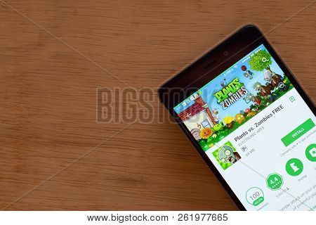 Bekasi, West Java, Indonesia. October 9, 2018 : Plants Vs. Zombie Free Dev App On Smartphone Screen.