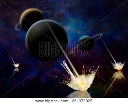 Exosolar planets and meteor shower. 3D rendering.