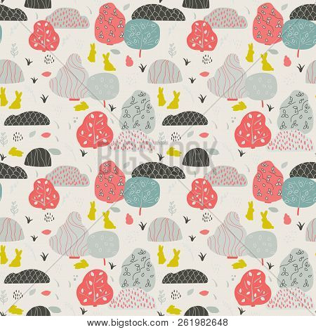 Seamless Background With Stylized Trees. Forest Bright Pattern