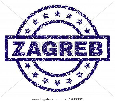 Zagreb Seal Print With Grunge Style. Designed With Rectangle, Circles And Stars. Blue Vector Rubber 