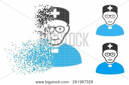 Monastic Doctor Icon With Face In Dispersed, Pixelated Halftone And Undamaged Entire Versions. Pixel