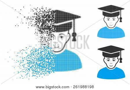 Professor Icon With Face In Fractured, Pixelated Halftone And Undamaged Whole Variants. Particles Ar