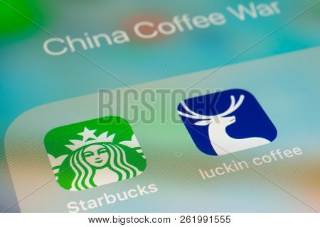 6 October 2018, Wuhan China : Starbucks Coffee And Luckin Coffee Apps Icons , China Coffee War Conce