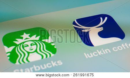 6 October 2018, Wuhan China : Starbucks Coffee And Luckin Coffee Apps Icons
