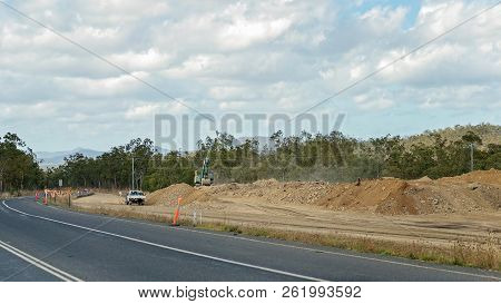 Road Works To Construct Another Lane On A Bitumen Highway In Queensland Australia