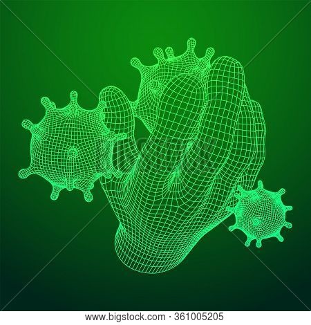 Human Arm Hand With Corona Virus Virion Of Coronavirus. Connection Structure. Vector Low Poly Wirefr