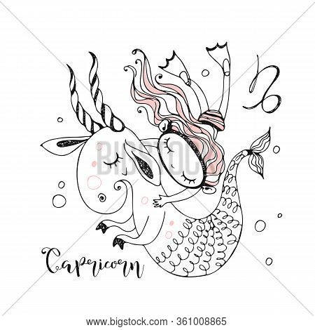 Childrens Zodiac. Sign Of Capricorn. A Girl Swims With A Fabulous Capricorn. Vector