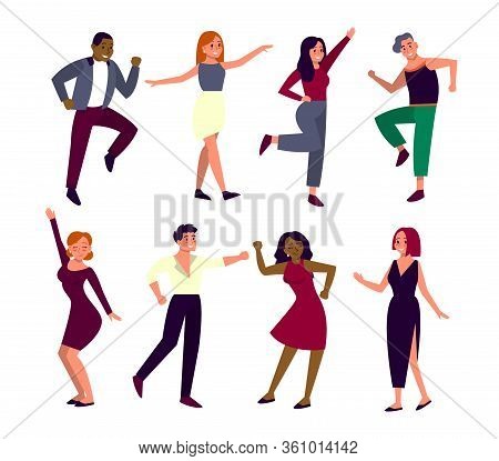 Young Happy Dancing People Set. Cheerfull Male And Female Dancers