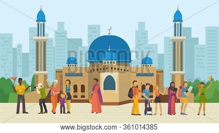 Group Tourists Excursion Asia Temple, People Travel Team Explore Oriental Shrine, Flat Vector Illust