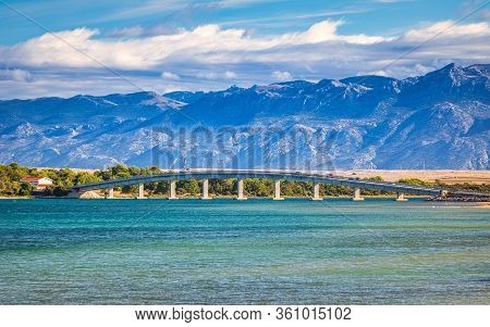 Sea Landscape, Bridge To Vir Island And The Velebit Mountain On Background, Croatia, Europe.