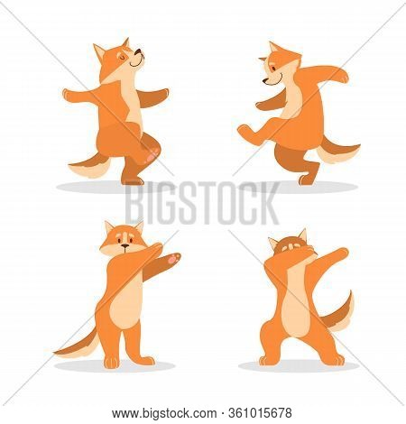 Happy Ginger Dog Dancing. Cute Shibu Inu Dancing Pose Set.