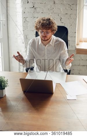Paperwork. Caucasian Young Man In Business Attire Working In Office. Young Businesswoman, Manager Do