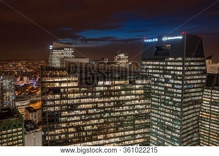 Dec 10, 2019 - Paris, France: Aerial Drone Shot Of La Defense Cbd Office Building Tour Cbx With Gym 