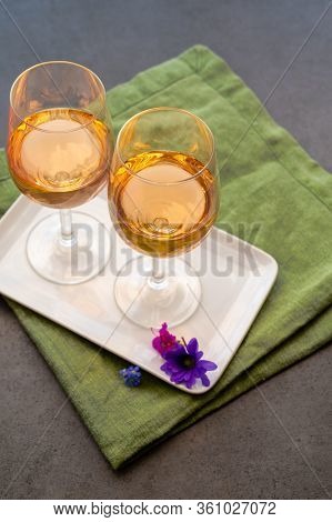 French Rose Wine From Provence In Two Glasses In Spring Sunny Day