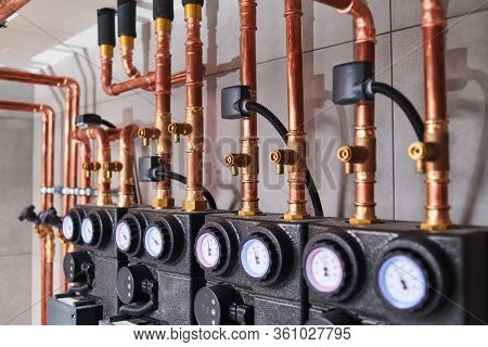 Plumbing service. copper pipeline of a heating system in boiler room