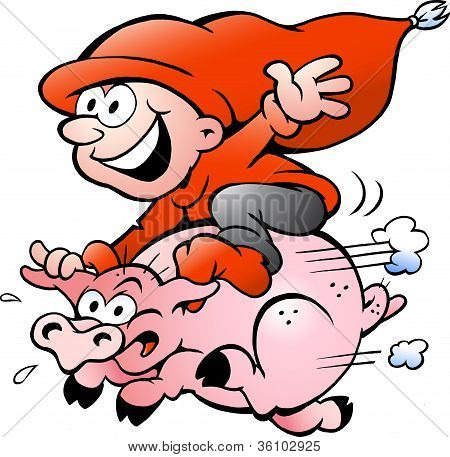 Hand-drawn Vector Illustration Of Elf Riding On A Pig
