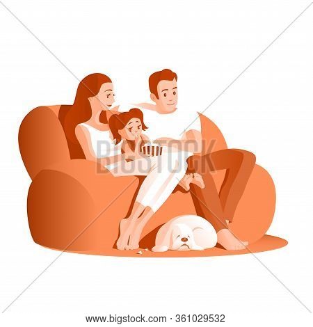 Young Family Have A Rest On A Sofa. Father, Mother, Little Girl And Cocker Spaniel Dog. Eat Popcorn 
