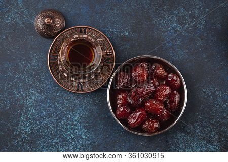 Traditional Arab Fresh Hot Tea With Dates From Above. Ramadan Snack Great For Iftar Or Suhoor Meal O