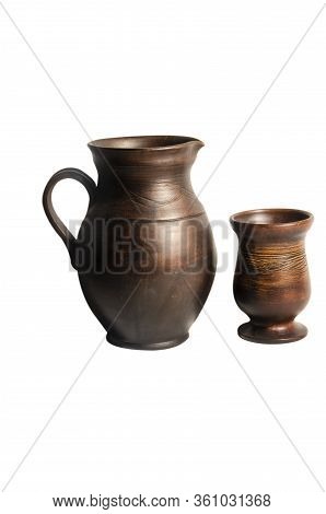 Ceramic Brown Pitcher With Handle And Bowl Isolated On White Background. Antique Tableware For Drink