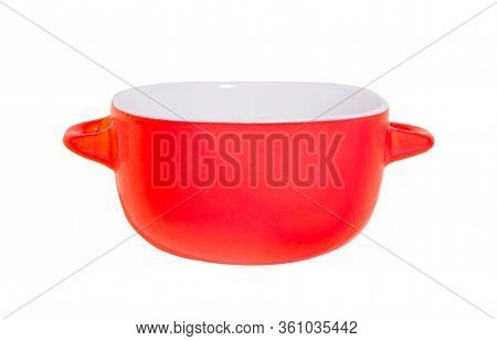 Soup Bowl. Broth Red Bowl With Handles Isolated On A White.