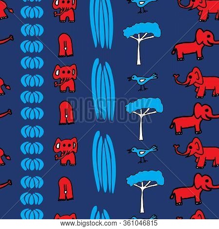 Vector Cute Seamless Pattern, Red Elehants, Blue Trees And Birds In Columns On Dark Blue Background.