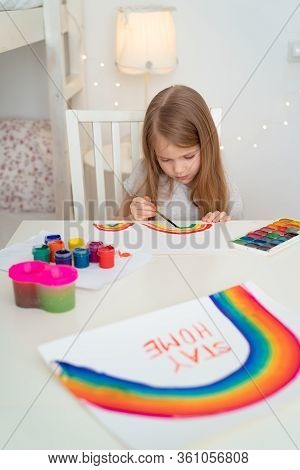 A Small Girl With Blond Hair Drew A Rainbow And A Poster Stay Home. Flashmob Chasetherainbow.