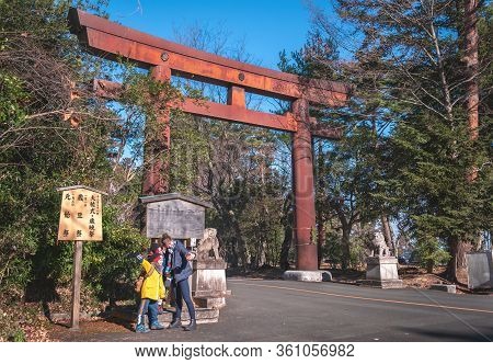 Family Is Taking Picture In Front Of The Ruin Of Sendai Aoba Castle Site.
