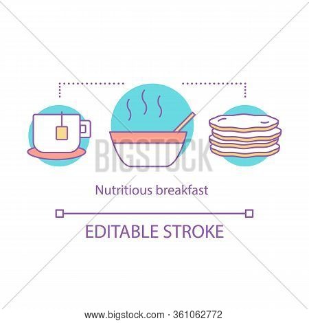 Nutritious Breakfast Concept Icon. Brunch. Cup Of Tea, Hot Meal, Pancakes. Nourishing Food. Lunch Id