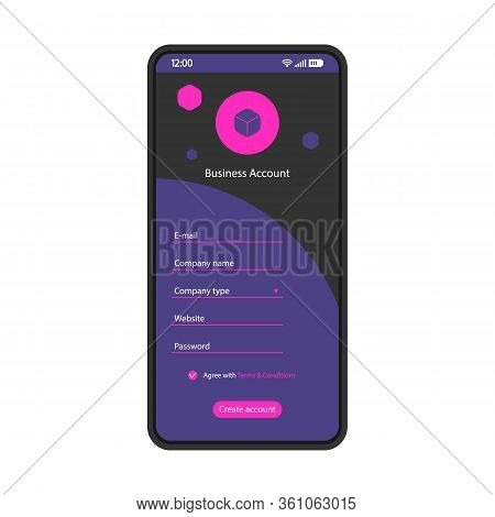 Create Business Account Smartphone Interface Vector Template. Mobile Register Page Black Design Layo