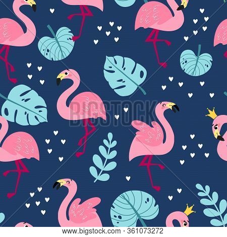 Summer Seamless Pattern With Flamingos.