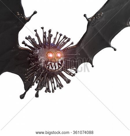 Black Coronavirus Covid-19 With Bat Wings And Luminous Eyes On A White Background. 3d Rendering