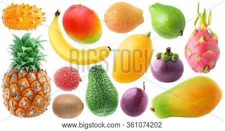 Isolated Tropical Fruits Collection. Fresh Kiwano, Banana, Red And Yellow Mango, Mangosteen, Pineapp