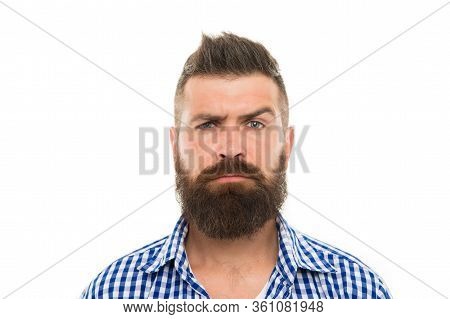 Mustache Works In City. Trendsetter Hipster With Mustache Isolated On White. Mustachioed And Bearded