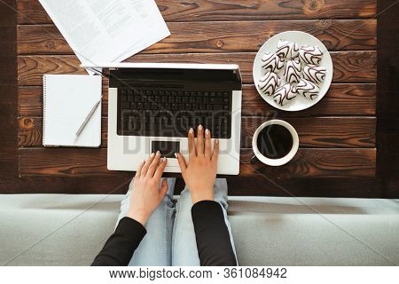 Unhealthy Snack, Compulsive Overeating, Mindless Snacking, Sugar. Woman Eating Cookies And Drinking 