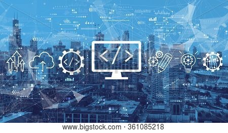 Web Development Concept With Downtown Chicago Cityscape Skyscrapers