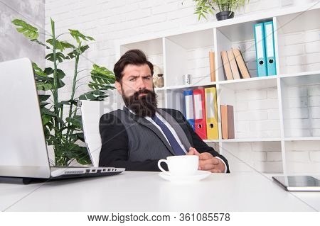 Office Life Is Unthinkable Without Good Coffee. Reception Room. Respectable Ceo. Man Handsome Boss S