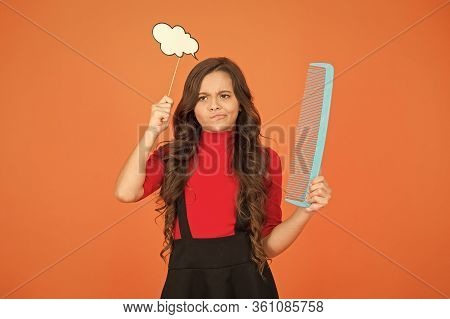 Get Rid Of Annoying Tangles. Girl Long Hair Hold Comb And Speech Bubble. Hairdresser Salon. Combing 