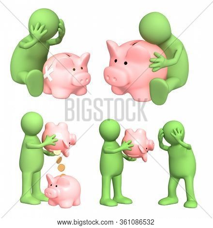 Set of green 3d mans with piggy bank. Two puppets with empty coinbox, one person with broken piggy bank. Isolated on white background. 3d render