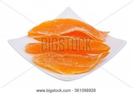 Mango Succade Slices On White Isolated Background