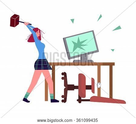 Woman With Burnout Syndrome Destroys His Workplace And Computer. Psychological Trauma And Mental Dis