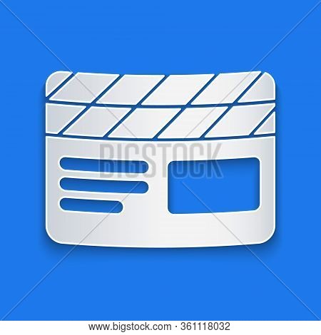 Paper Cut Movie Clapper Icon Isolated On Blue Background. Film Clapper Board. Clapperboard Sign. Cin