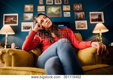 Stressed Woman Overthinking Events Alone At Home.thinking Of Problems/solution.annoyed And Bored At 