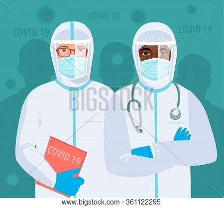 Multiracial Medical Team Doctors In Protective Clothes During Coronavirus Pandemic. Epidemic Of Coro