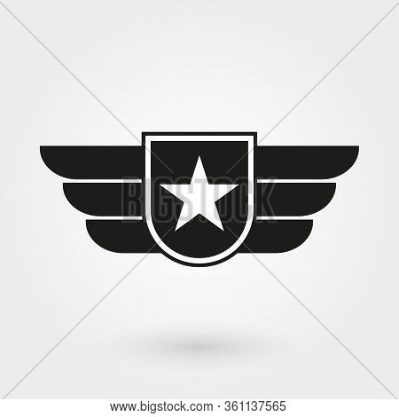 Wings With Shield Icon. Military And Army Badge. Pilot Logo. Vector Illustration.