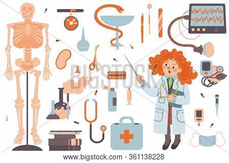 A Set Of Clipart On The Topic Of Medicene And Science. Doctor And Attributes For Medicene. Vector Il