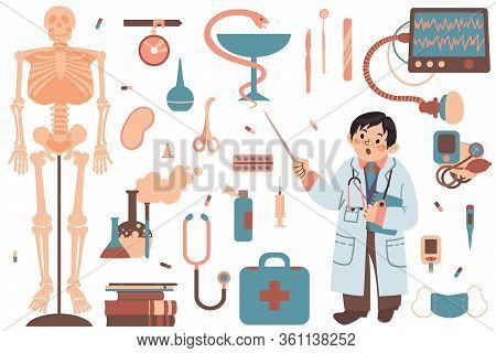 A Set Of Clipart On The Topic Of Medicene And Science. Doctor And Attributes For Medicene. Vector Il