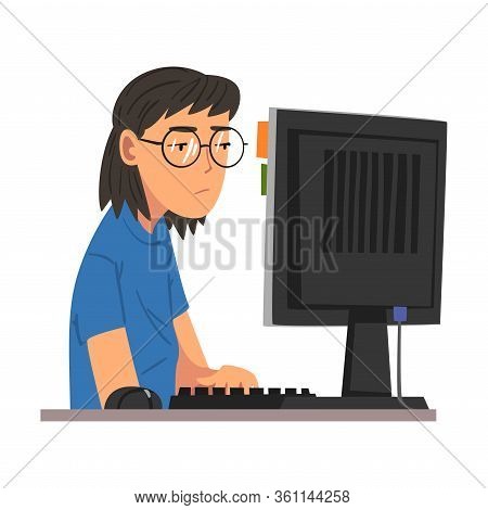 Bored Woman Working With Computer, Lazy Female Employee Procrastinating At Workplace, Unmotivated Or