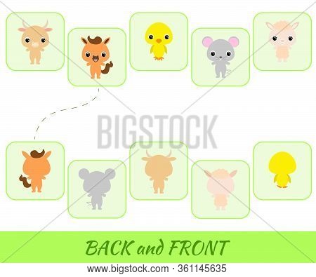 Matching Educational Game For Children. Find The Back And Front Cartoon Animals. Educational Activit
