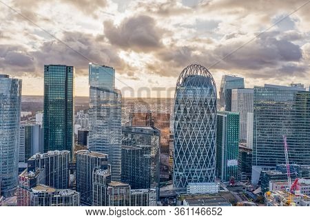 Paris, France - December 09, 2019: Aerial Drone Shot Of La Defense Skycraper In Business Cbd Distric