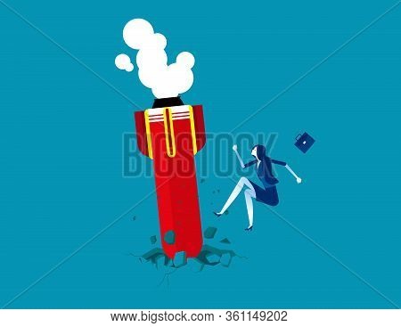 Startup Rocket Crash On The Floor. Concept Business Start-up Vector Illustration, Projection And Ban